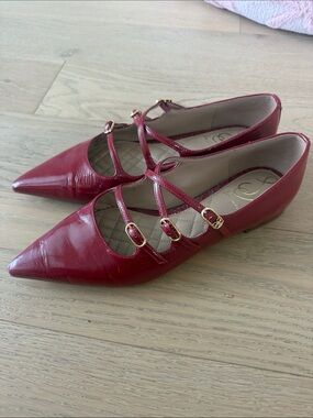 Sam Edelman Burgundy Patent Pointed Triple-Strap Flats